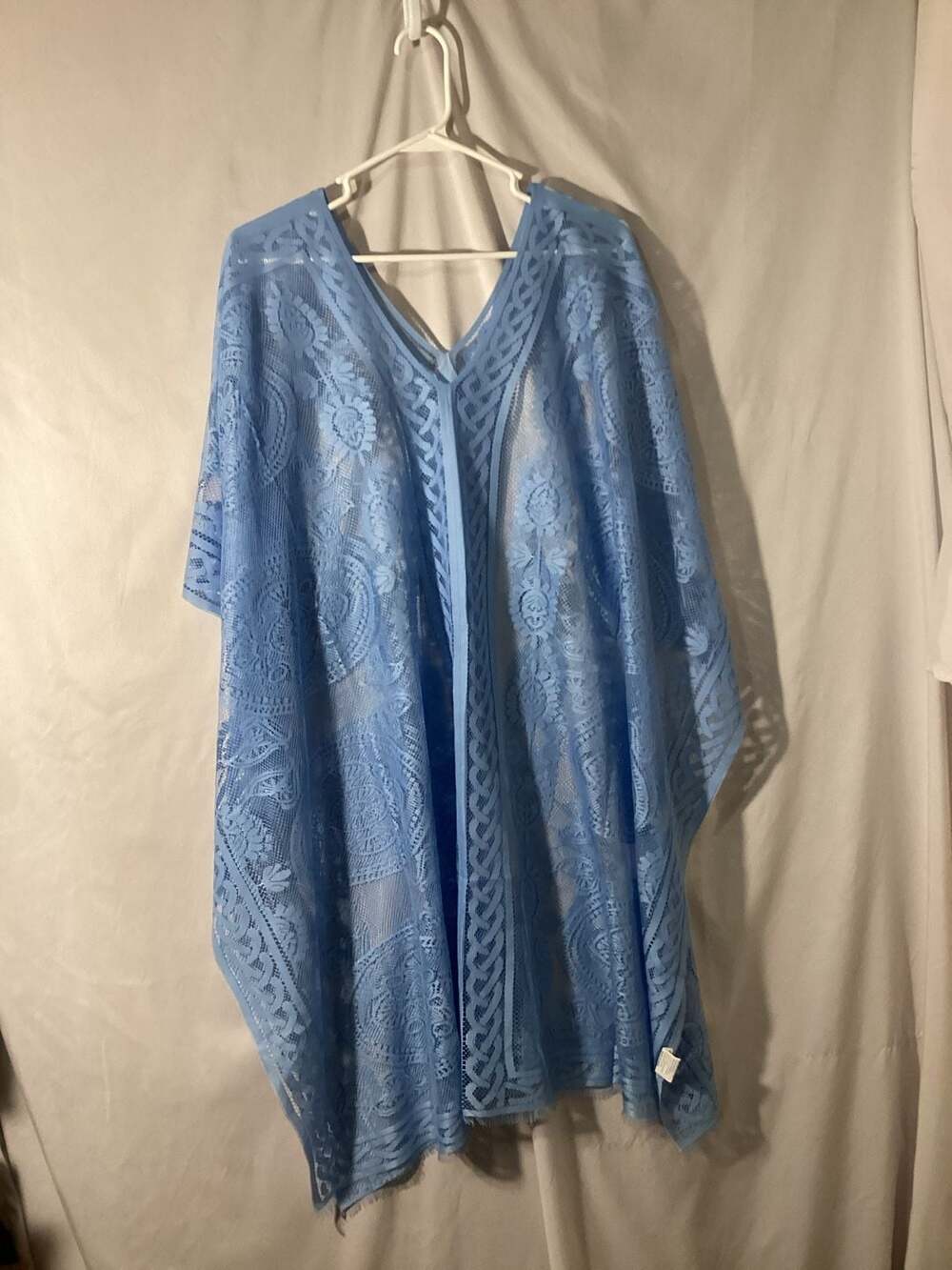 Light Blue Floral Lace Sheer Open Front Kimono Beach Cover-Up Cardigan